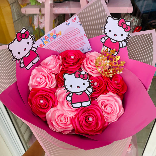 Bouquet 12 Flores Eternas Hello Kitty con Perlas Rosado